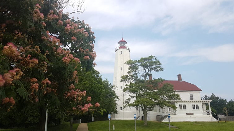 Historyczna latarnia na półwyspie Sandy Hook.